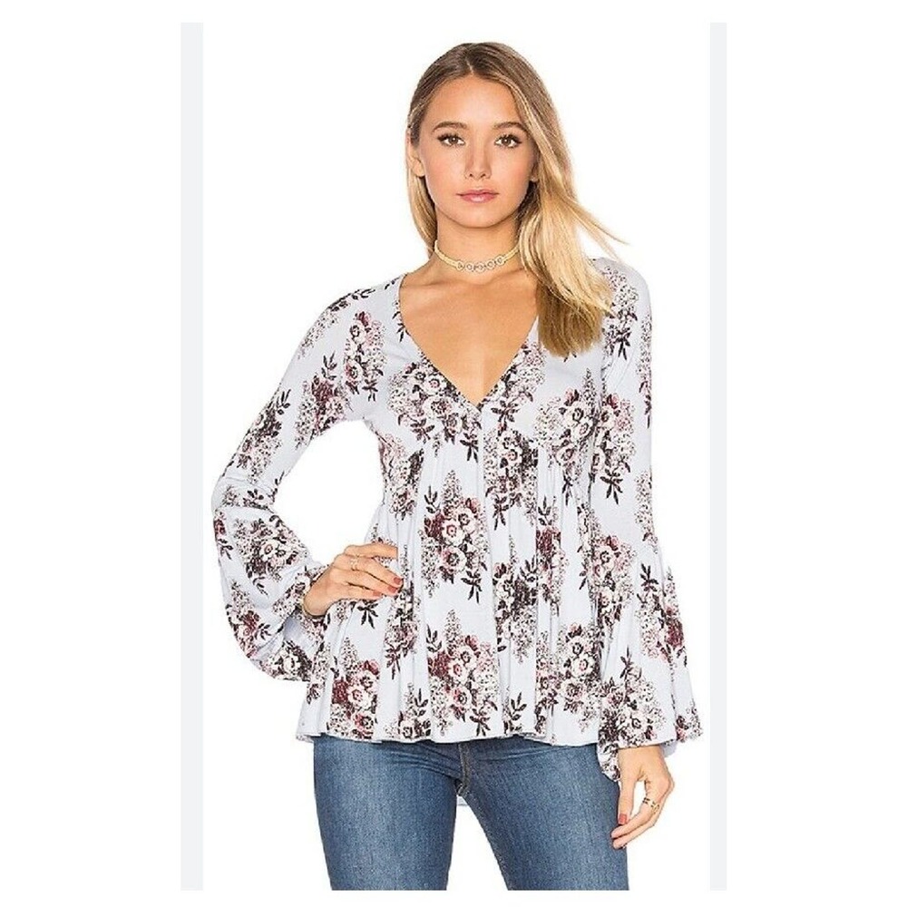 Free People Top XS Speak Easy Floral Blue Bell‎ Sleeve Tunic REVOLVE